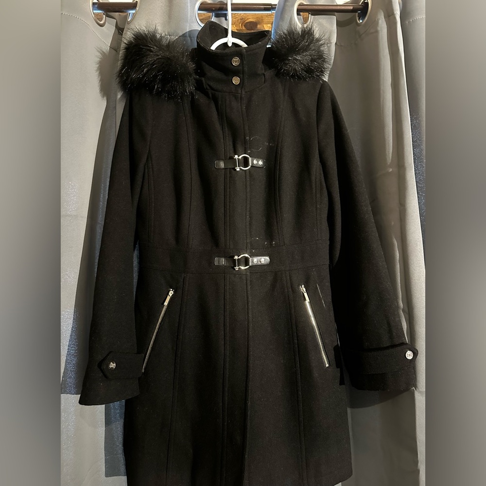 Ivanka Trump Black Trench Coat with Fur Collar